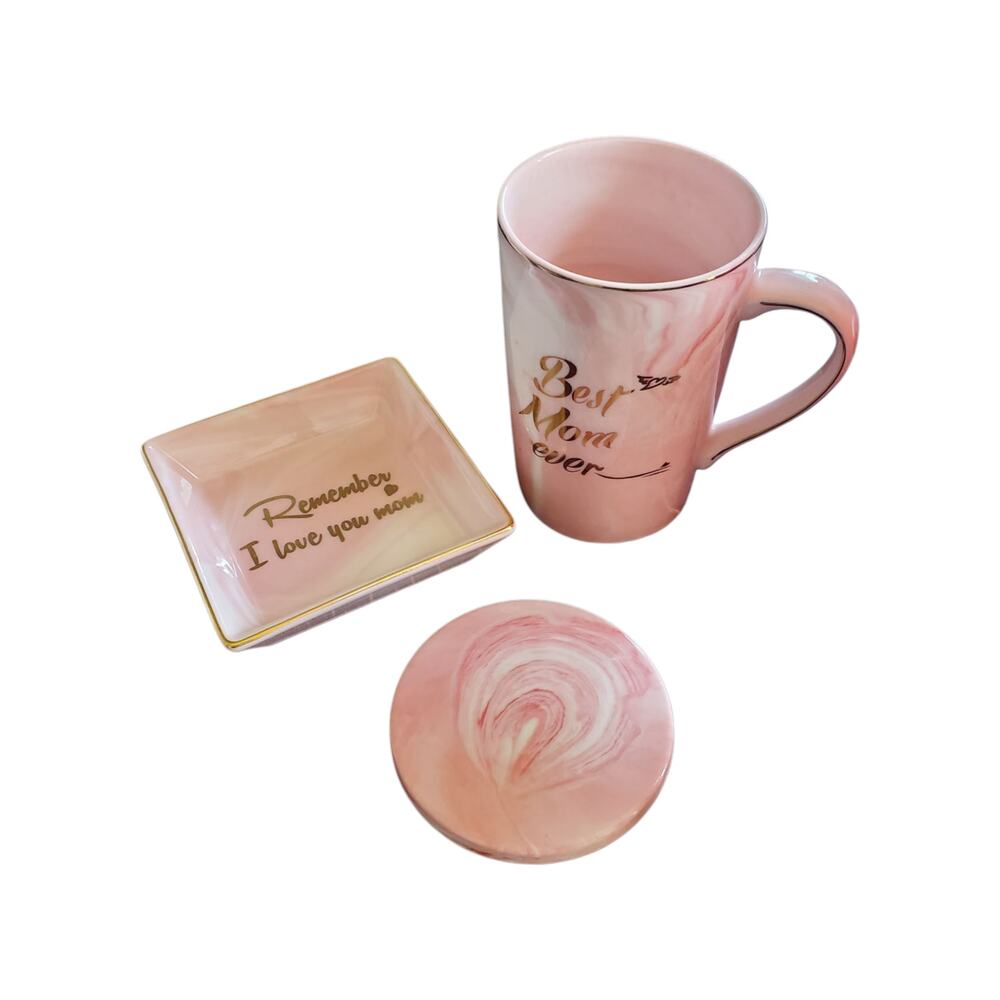 Luxurious Pink Marble Mom Gift Set: Mug, Jewelry Dish & Coaster